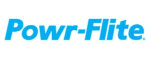 A blue and white logo of the power-flo company.