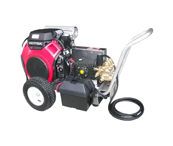 A red and black machine with a hose attached to it