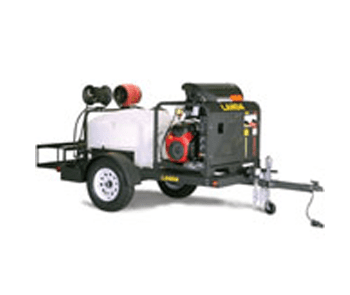 A trailer mounted pressure washer with a hose reel attached.