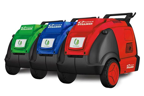 A row of three different colored carts with wheels.