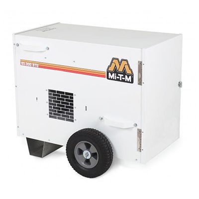 A white generator with wheels on the side.