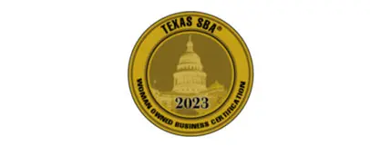 A gold seal that says texas sba 2 0 2 3 woman owned business certification.