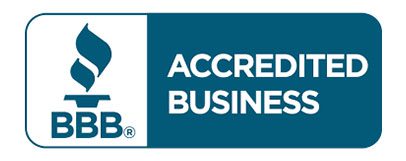 A blue and white logo for the accredited business