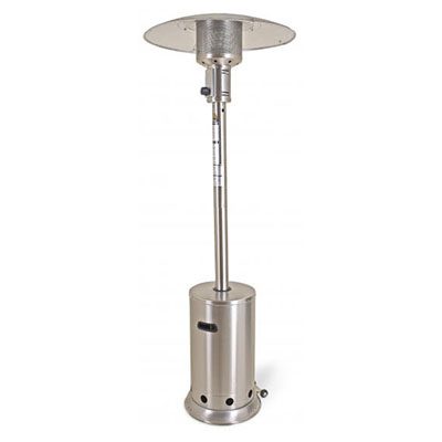 The patio heater is stainless steel and has a large base.