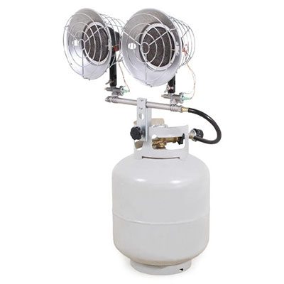 A propane tank with two fans on top of it.