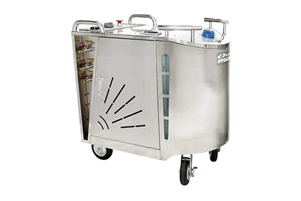 A stainless steel cart with wheels and a door.