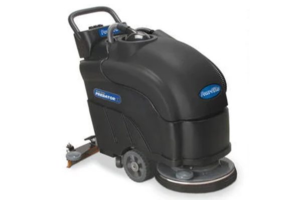 A floor scrubber machine with wheels and seat.