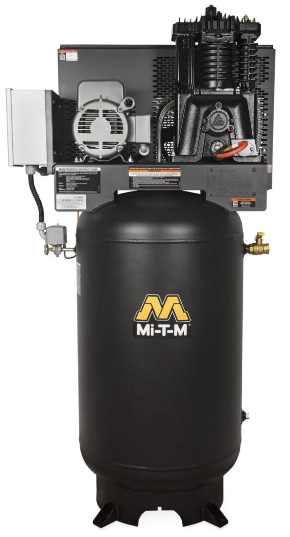 A black air compressor with its front and side panels open.