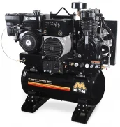 A black air compressor with an engine on top of it.