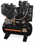 A black and orange engine with a hose attached to it.